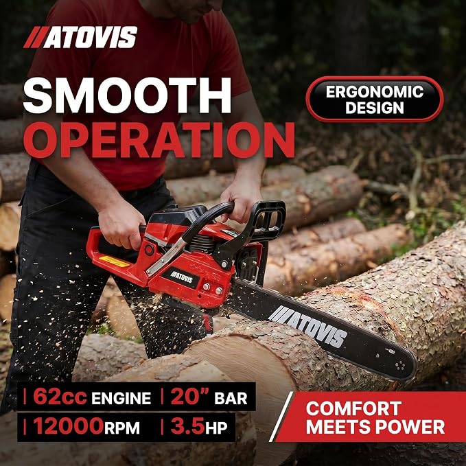 62CC 20-Inch Gas Chainsaw 2-Cycle Top Handle Powered Chainsaws Professional Petrol Handheld Cordless Chain Saw for Trees Cutting, Wood Cutting, Farm and Garden Use