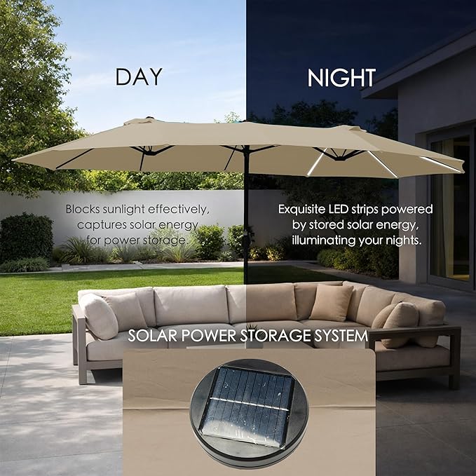 Kozyard 15 FT Rectangular Double-Sided Patio Umbrella with Solar Lights, Outdoor Patio Umbrella with Crank Lift, Base Included, UV-Resistant for Pool, Backyard & Garden Beige