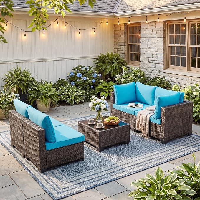 ANJ 5 Piece Outdoor Wicker Patio Furniture Set, Modular Loveseat Sofa with with Glass Top Coffee Table, All-Weather Rattan Conversation Couch Set for Balcony, Backyard, Dark Brown Wicker-Turquoise