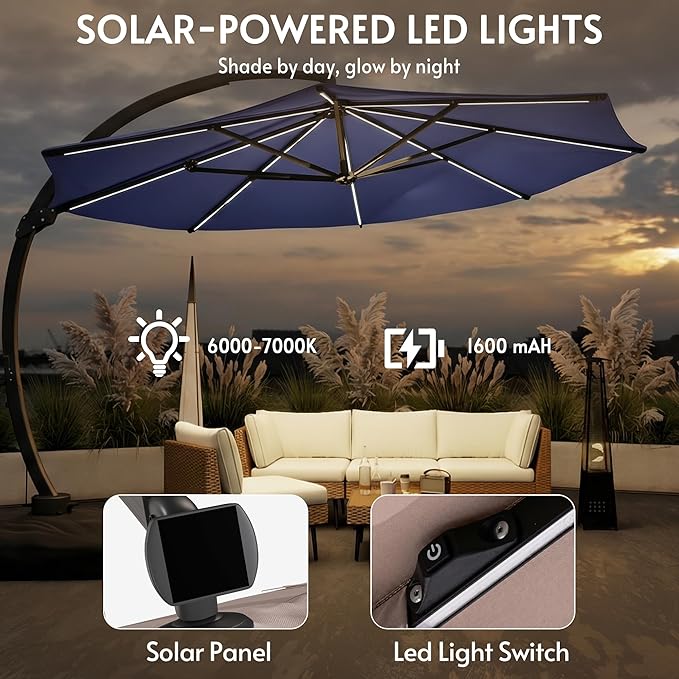 11FT Solar Powered LED Light Cantilever Patio Umbrella with Base Included, Large Cantilever Umbrella with 360°Rotation, Heavy-Duty Offset Outdoor Umbrella for Patio,Pool,Backyard (Navy blue)