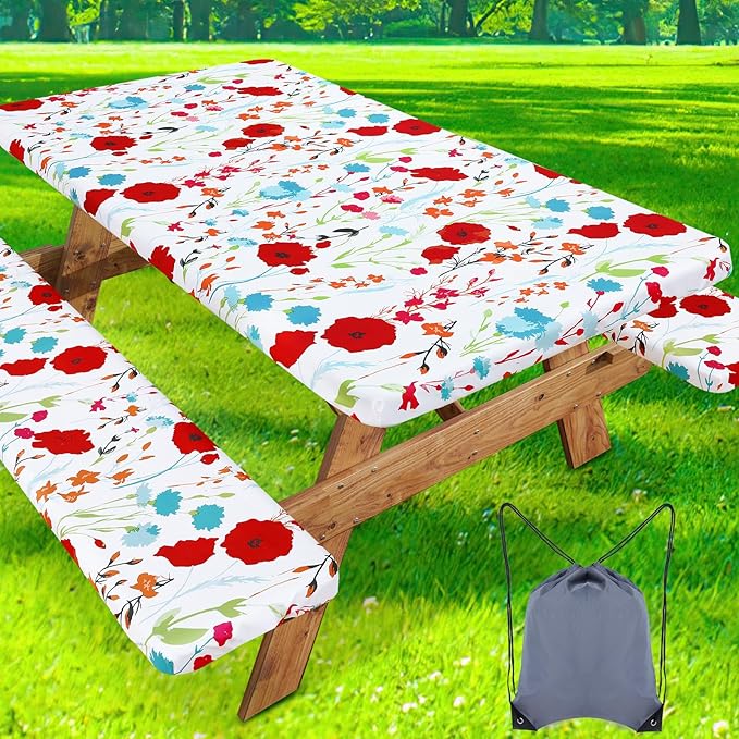 misaya Picnic Table Cover with Bench Cover, Waterproof Elastic Fitted Tablecloth for 8 Foot Tables, Rectangle Washable Polyester Fabric Tablecloths for Picnic, Camping, Outdoor (Flower, 30" x 96")