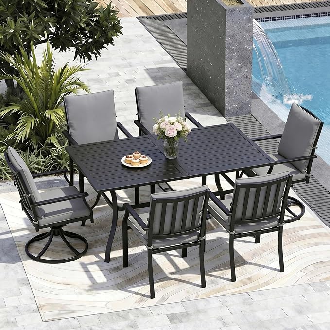LVUYOYO 7-Piece Outdoor Patio Dining Set, Metal Dining Chair & Rectangular Table Set, All-Weather Furniture for Backyard, Garden,Balcony,Porch (Gray)