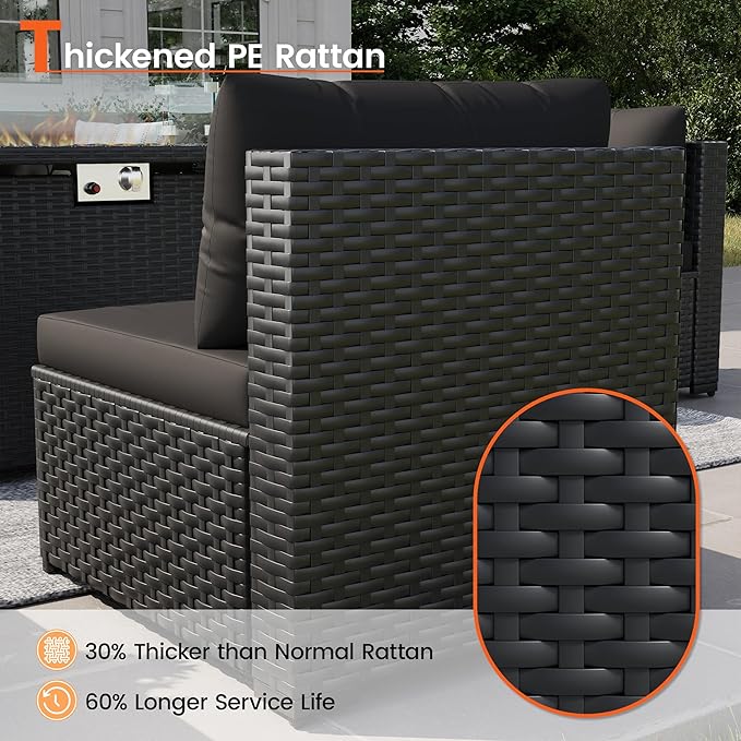 8 Piece Patio Furniture Set with 43" Fire Pit Table, Outdoor Sectional Wicker Rattan Sofa Set with Coffee Table (Black/Black)