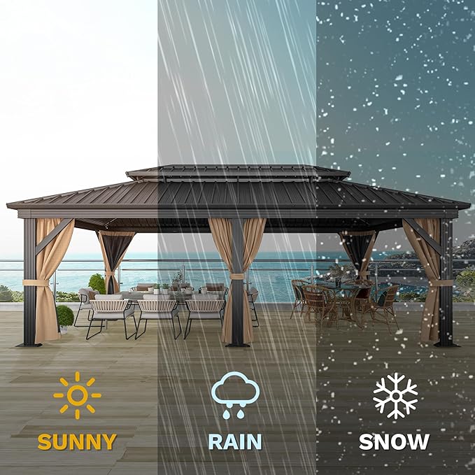 DWVO 12x20ft Gazebo Double Roof Hardtop with Nettings and Curtains, Heavy Duty Galvanized Steel Outdoor Vertical Stripes Roof for Patio, Backyard, Deck, Lawns, Brown