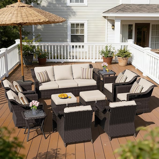 11 Pieces Patio Conversation Furniture Set - 1 Sofa, 2 Ottoman, 2 Armchairs, 4 Swivel Chairs, 2 Side Tables, Outdoor Wicker Furniture with Removable Cushions for Porch, Sunroom (Beige)