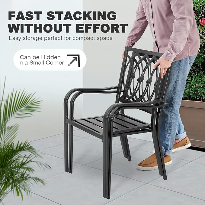 NUU GARDEN 5 Piece Outdoor Dining Set, 4 Stackable Chairs and 37 Inch Square Slatted Table with 1.6'' Umbrella Hole for All Weather Patio Furniture Set for Garden, Backyard, Poolside and Lawn, Black