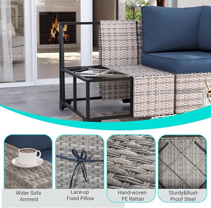 15-Piece Outdoor Patio Furniture Set with Rocking Swivel Chair Wicker Sectional Sofa Set, Patio Conversation Set with Thickened Cushions & Coffee Table for Garden, Backyard, Navy Blue