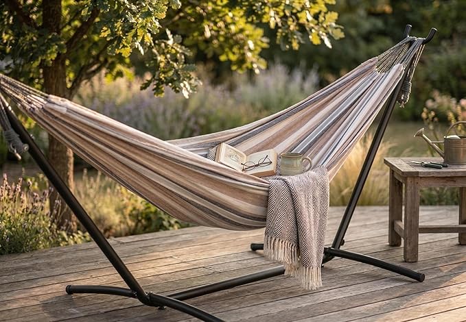 Double Hammock with Stand Included - 2 Person Brazilian Style Portable Hammock Bed - 450 Lbs Capacity Heavy Duty Adjustable Steel Stand for Indoor Outdoor - Weatherproof with Carrying Bag