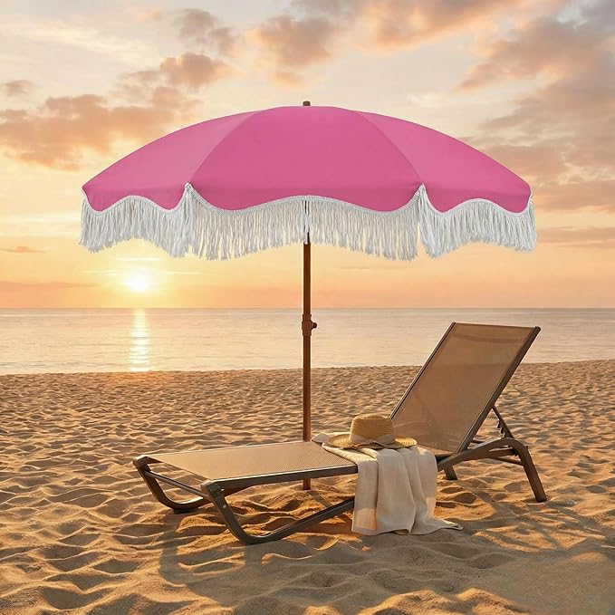 7FT Patio Umbrella with Fringe, Outdoor Tassel Umbrella with Fiberglass Ribs, Boho Beach Umbrella, Push Button Tilt and Carrying Bag, UPF50+