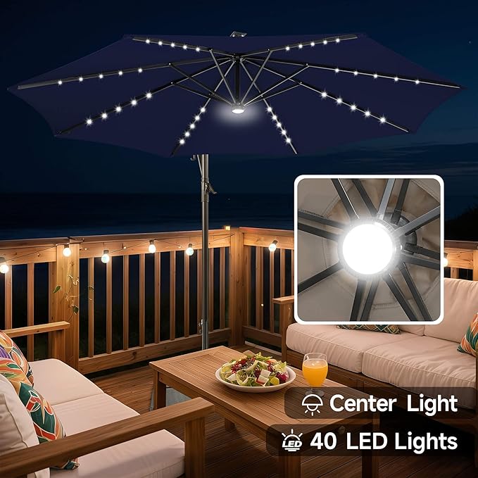 FLAME&SHADE 10ft Solar Cantilever Umbrella with 40 LED Lights, Lighted Large Offset Outdoor Patio Umbrellas, 8 Sturdy Ribs, UPF50+ UV Protection for Pool Deck Garden Yard, Navy Blue