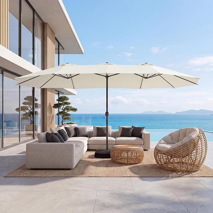COSIEST 15FT Patio Umbrella with Base Included, Outdoor Double-Sided Table Umbrella,Large Rectangular Market Umbrella w Crank Handle for Garden, Pool, Deck Shade,Beige