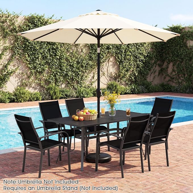 Tangkula 7 Pieces Patio Dining Set for 6, 63” x 33” Outdoor Rectangle Metal Table with Umbrella Hole & 6 Stackable Breathable Mesh Armchairs, Outside Furniture Set for Backyard, Garden & Porch (Black)