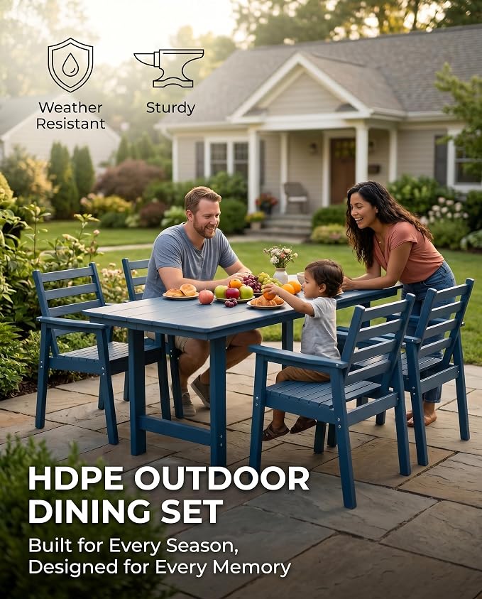5 Piece HDPE Outdoor Dining Set for 4, Patio Dining Furniture Set with 2” Umbrella Hole, Weather Resistant Outdoor Table and Chairs for Garden, Poolside, Backyard, Deck