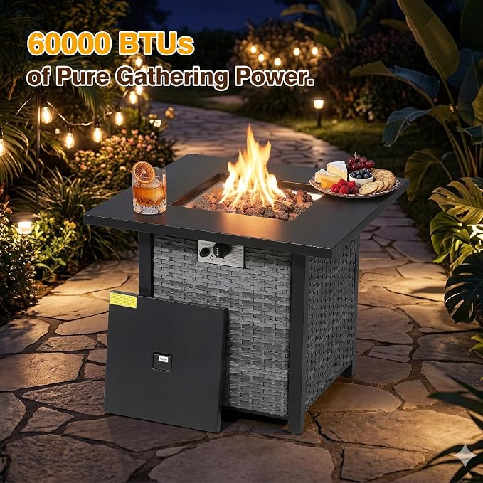 6 Piece Patio Furniture Set With Fire Pit ,360°Swivel Patio Chairs Set of 2,Outdoor 2 Sofas,Side Table,Cozy 60,000 BTU Square Fire Pit Table, All-Weather Wicker Patio Set With 6 Inch Thick Cushions