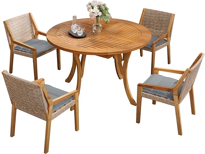 Christopher Knight Home Verle Wooden Patio Dining Set for 4, Acacia Wood Outdoor Dining Table Set for 4, 5 Piece Outdoor Dining Set with Round Table and Armchair with Seat Cushion, Teak+Grey