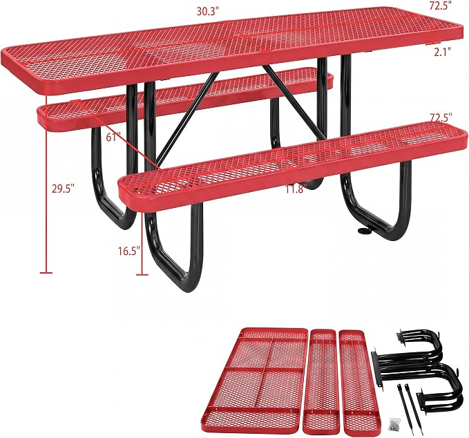 Heavy Duty Picnic Table for Outdoor 1400 lbs Load All Metal Camping Table with Umbrella Hole up to 1.5", Rectangle Dining Table for Commercial Picnic Table with Benches, Red