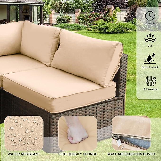 Grezone Patio Furniture Set,7 Piece Patio Furniture Set with Fire Pit Table,PE Wicker Rattan Sectional Sofa Patio Conversation Set with Thickened Cushions, Beige