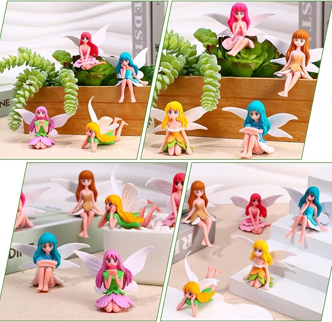 Miniature Fairy Figurines, 8 Pcs Hand-Painted Small Flower Fairies with Wings for Garden Decor, Cake Topper & Landscapes