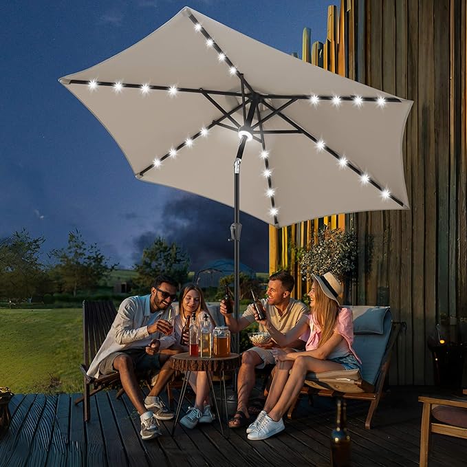 FLAME&SHADE 10ft Solar Outdoor Umbrella - 24 LED Lighted Patio Umbrella with Centre Surround Light, Table Umbrellas with Tilt & Crank for Pool, Porch, Garden, Deck, Backyard UV Protection (Taupe)
