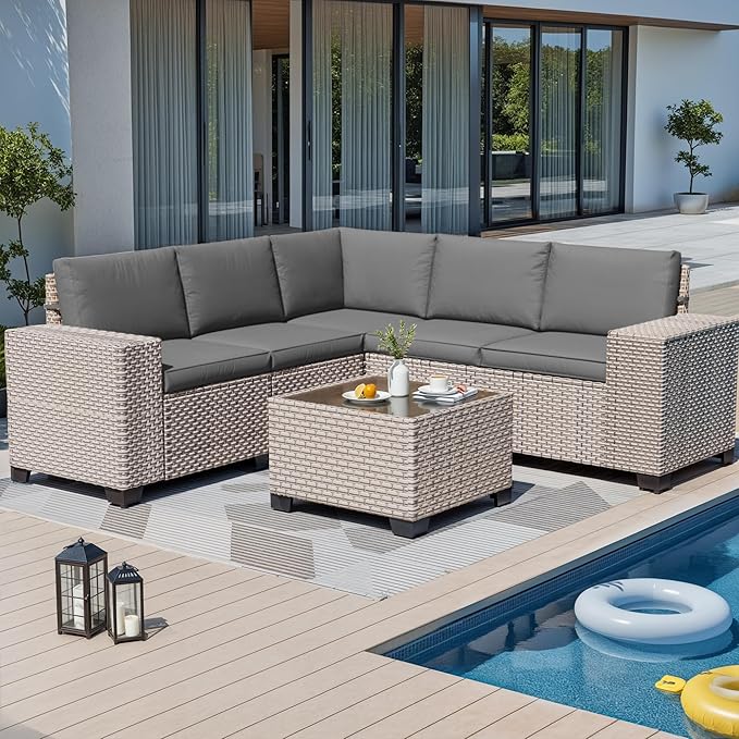 6-Piece Outdoor Patio Furniture Set, Modular Sectional Sofa Set with Glass Coffee Table and Cushions, Wicker Outdoor Couch Conversation Sets, Gray