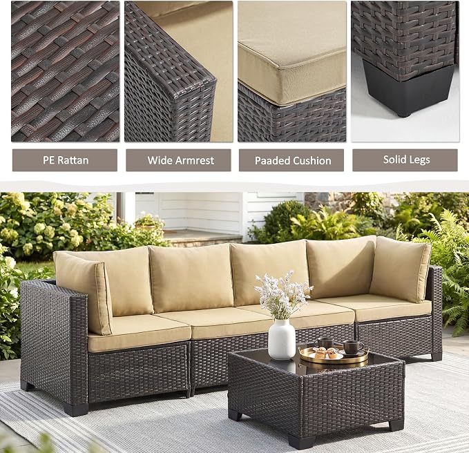 ANJ 3 Piece Outdoor Wicker Patio Furniture Set, Modular Loveseat Sofa with with Glass Top Coffee Table, All-Weather Rattan Conversation Couch Set for Balcony, Backyard, Dark Brown Wicker-Camel