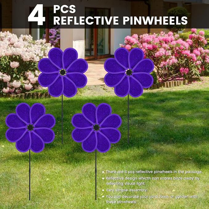 4PCS 11.4" W x 28" H Reflective Pinwheels Sparkly Lawn Wind Spinners Colorful Rainbow Windmill for Garden Decoration Bird Devices Deterrent to Scare Birds Away（Purple）