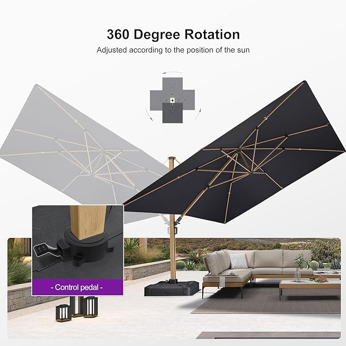 PURPLE LEAF 12FT Patio Umbrella With Base Square Cantilever Umbrella Teak Finished Aluminum Frame Large Windproof Offset Outdoor Sun Umbrellas for Beach Pool Deck, Grey