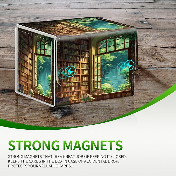 Card Deck Box for MTG, Cards Storage Box Fits 120+ Sleeved, Leather Small Size Strong Magnetic Closing Card Case for Board Games Magic TCG CCG Baseball Collection, Library Window