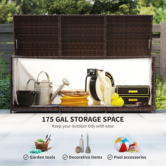 175-Gallon Rattan Deck Storage Box for Outdoor Tools
