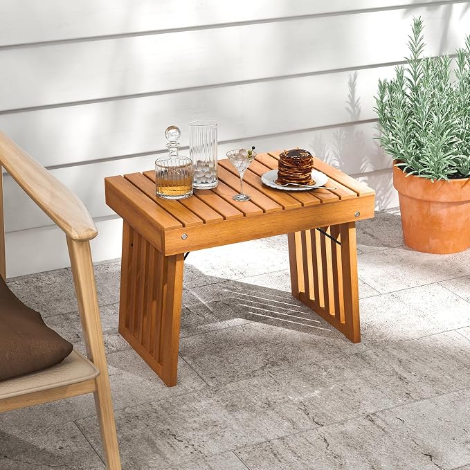HAPPYGRILL Outdoor Folding Side Table Set of 2, Foldable Patio Acacia Wood End Table with Slatted Tabletop & Leg Frame, Small Outside Table for Backyard Poolside Porch (Teak Finish)