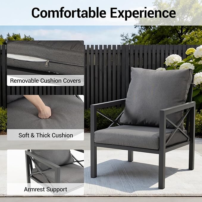 4 Piece Outdoor Patio Furniture Sets, Heavy Duty Metal Conversation Set with Thick Cushions, All-Weather Outside Sectional Sofa with Coffee Table for Backyard, Poolside, Grey