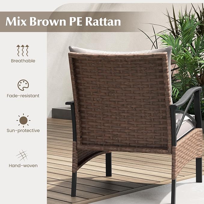 Tangkula 5 Pieces Wicker Patio Furniture Set, Outdoor Rattan Chairs with Ottomans, Cushions and 2-Tier Tempered Glass Side Table, Patio Conversation Bistro Set for Garden, Porch, Balcony