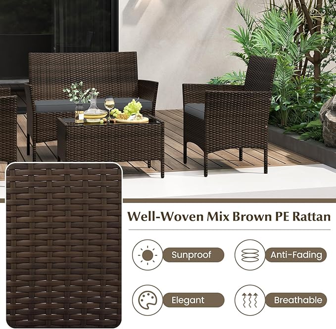 Tangkula 8 Piece Patio Rattan Conversation Set, Outdoor Wicker Furniture Set with Chair, Loveseat & Tempered Glass Table, Cozy Seat Cushions, Outside Sectional Sofa Set for Backyard, Porch (2, Grey)