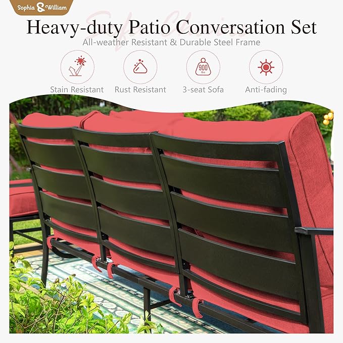 Sophia & William Patio Furniture Sets with 45" Gas Fire Pit Table Outdoor Metal Conversation Sets for 5, 2 x Swivel Cushioned Patio Sofa Chairs, 1 x 3-Seat Sofa 4 Pieces for Lawn Backyard Red