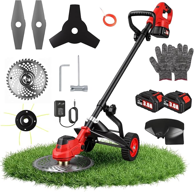 3-in-1 Electric Weed Wacker Cordless, 12″ Brushless Weed Eater Battery Powered with Wheel, 20000 RPM Grass Trimmer/Brush Cutter/String Trimmer, Lawn Mower Edger Weed Trimmer, 6000mAhjong Batteries