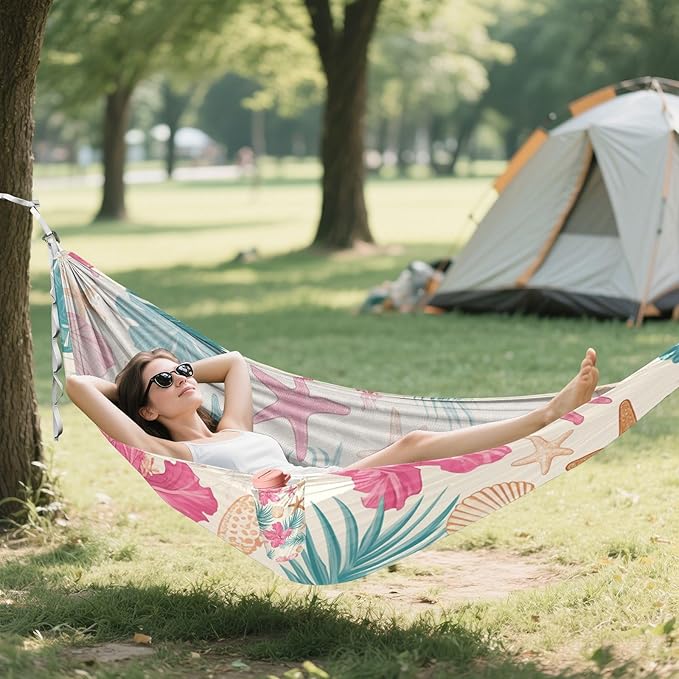Tropical Leaves Pink Hibiscus Flowers Starfish Hawaiian Style 330lb Capacity Camping Hammocks Swing Hammock for Indoor Outdoor Patio Base para hamacas
