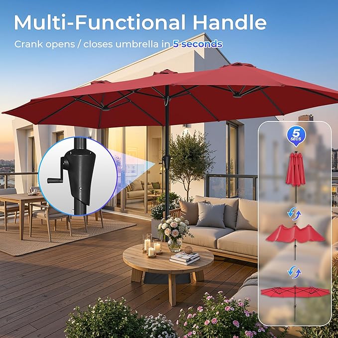 SUPERJARE 15FT Outdoor Patio Umbrella with Base Included, Double Sided Pool Umbrellas with Fade Resistant Canopy, Extra-Large Table Umbrella for Deck, Market, Backyard, Burgundy