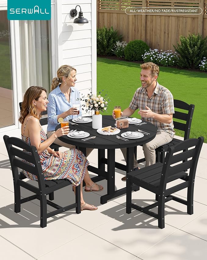 SERWALL 5-Piece Outdoor Round Dining Sets, HDPE Patio Table and Chairs Furniture Set, 45" Round Dining Table and 4 Armless Dining Chairs, Black