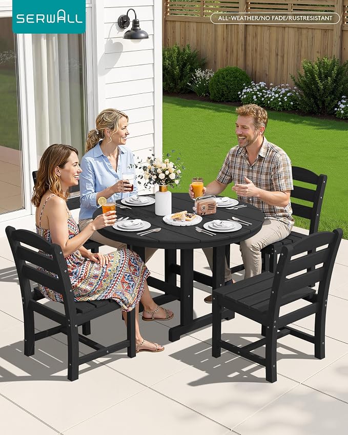 SERWALL Outdoor Round Dining Sets with Umbrella, HDPE Patio Table and Chairs Furniture Set, 45" Round Dining Table & 4 Armless Dining Chairs & 1 9FT Umbrella, Black(Not Include Umbrella Base)