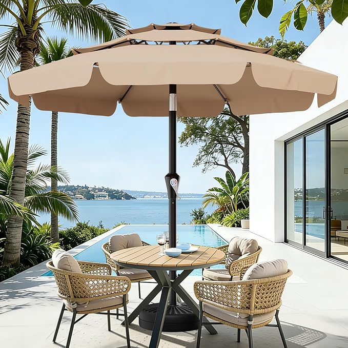 AreShark 9FT 3-Tiers Patio Umbrella with Valance, Outdoor Umbrellas with Crank/Tilt, Table Market Umbrella Vented w/ 8 Sturdy Ribs for Garden, Deck, Backyard, and Pool, Beige