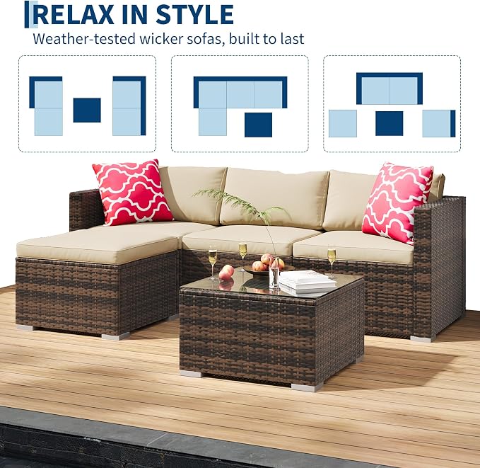 PeakPursuit Outdoor Patio Furniture Set, 5 Pieces Rattan Patio Conversation Sets with Glass Coffee Table and Cushion,All Weather Outdoor Patio Sofa for Garden, Poolside, Backyard,Khaki