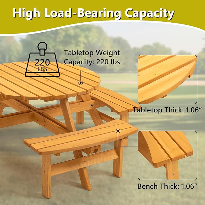 Outdoor Wooden Picnic Table with 4 Built-in Benches and Umbrella Hole for 8 Person，Outside Table and Bench Set Round Picnic Table for Garden, Backyard, Porch,Patio（Natural