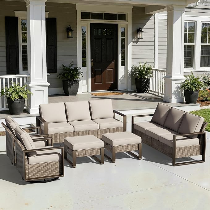 Outdoor Patio Swivel Rocker Chairs, 6 Pieces Wicker Furniture Set, 2 Swivel Rocking Chairs, 2 Sofa and 2 Ottoman, Metal Wide Armrest, Thick Cushions and Deep Seating for Garden, Backyard, Porch, Deck