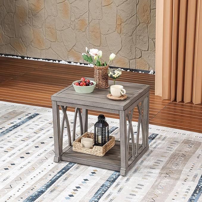 Aluminum Outdoor Side Table, 20.3" Square Patio End Table with Double-Layer Storage Design, Modern Waterproof Patio Side Tables with Adjustable Feet for Balcony, Deck, Porch, Limed Oak