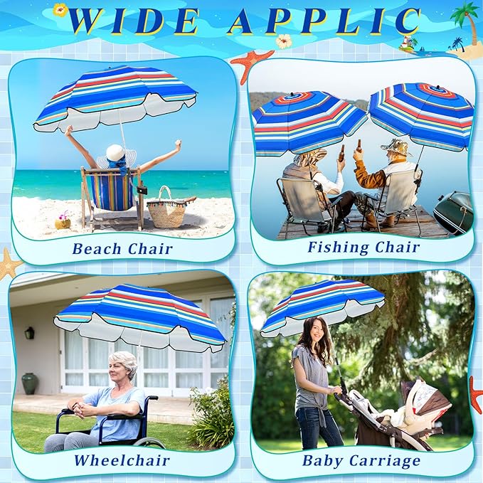 Buryeah 2 Pcs Beach Chair Umbrella Automatic with Universal Adjustable Clamp 44" UPF 50+ Portable Clamp on Beach Chair for Wheelchair Patio Golf Carts Camping