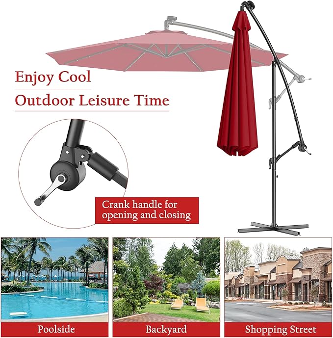 Tangkula 10FT Outdoor Patio Umbrella Solar LED Lighted Sun Shade Market Umbrella with Hanging Cover and Cross Base (Burgundy)