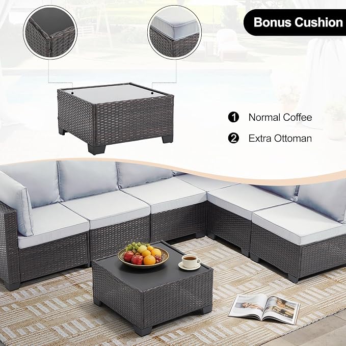 CANMOV 7 Pieces Patio Furniture Sets, All Weather Outdoor Patio Conversation Set, PE Wicker Rattan Sectional Sofa Couch Glass Coffee Table Washable Cushions for Backyard Garden, Poolside, Light Grey