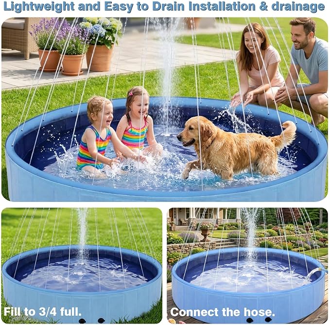 Eooqi Foldable Dog Pool with Sprinkler, 97 Inch Extra Large Thickened Splash Pool, 2-in-1 Outdoor Summer Water Play Toy, Non-Slip Hard-Side Kiddie Pool for Backyard Dogs, Kids & Pets (Blue, 97"-6XL)