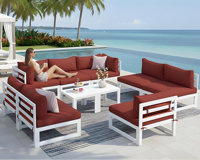 NICESOUL 8 Seat XL Oversized Modern Aluminum Patio Furniture Set, Weather Resistant Modular Sectional Sofa with Coffee Table, 500 lbs Heavy Duty Comfortable Outdoor Sitting for Exterior Backyard, Red
