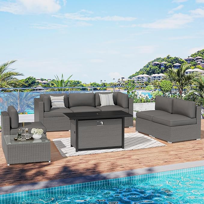 SUNCROWN Outdoor Patio Furniture Set 8 Piece Outdoor Sectional Sofa Grey Wicker Conversation Sofa Set with Coffee Table, Cushions and Fire Pit Table, Grey